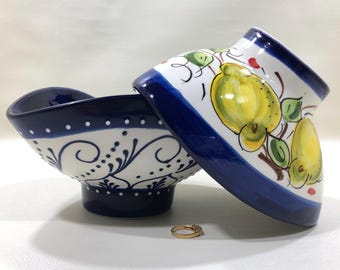 El Avion CERAMIC SERVING BOWLS Made in Spain (Separately/Set of 2) ~Glossy White Majolica Dishes w/ Hand Painted Blue Swirls & Yellow Lemons
