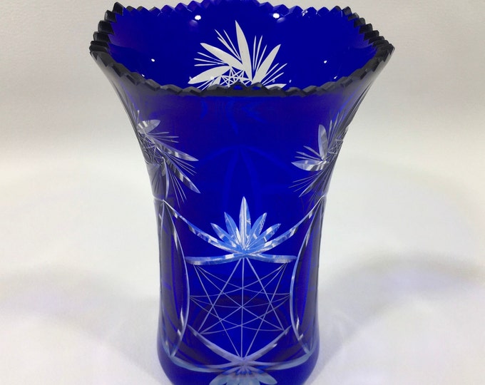 Vintage Czech BOHEMIAN CRYSTAL VASE Cobalt Blue Cut to Clear Glass 6