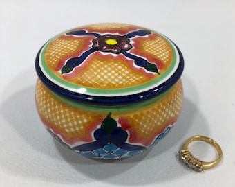 Signed Hernandez TALAVERA TRINKET BOX made in Puebla, Mexico ~ Hand Painted Floral Majolica Covered Sugar Bowl ~ Jewelry Dish/Stash Jar