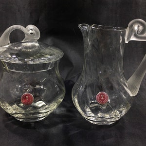 Vintage Hand Blown SUGAR & CREAMER SET Made in Romania ~ Elegant Swirled Optic Glass Lidded Bowl and Pitcher w/ Frosted Glass Curled Handles