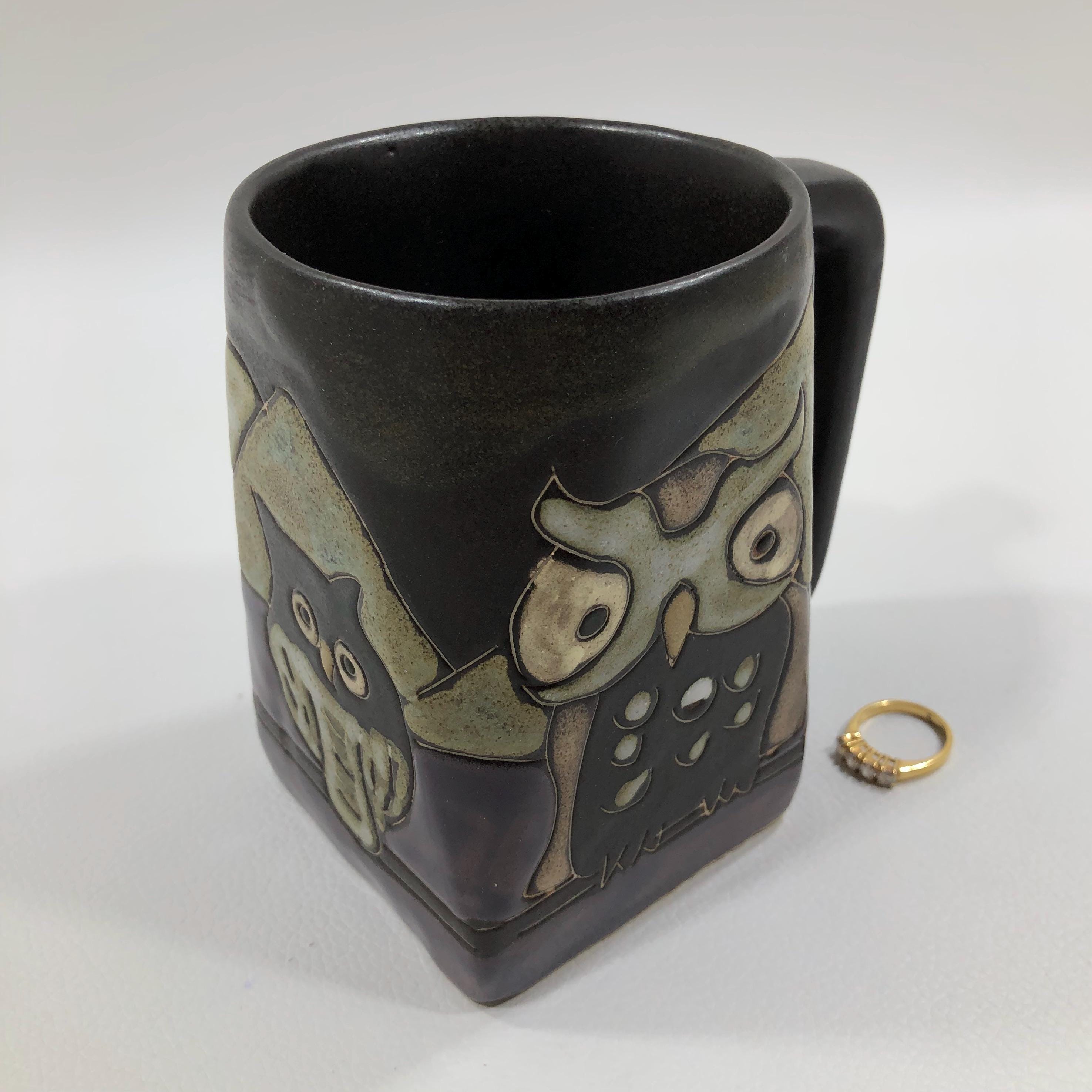 Engraved NIGHT OWLS MUG Made by Mara, Mexico 12oz ~ Square Black Art Pottery Stoneware Cup w/ Purple