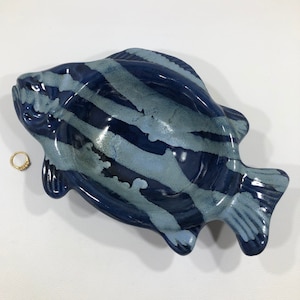 Wheel Thrown Formed STONEWARE FISH BOWL 11.5&quot; ~ Handmade Blue Striped Figural Clay Seafood Dish ~ Beach Tropical Coastal Serve Ware