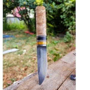REAL DAMASCUS Puukko Knife Alder Wood & Amber Handle-Blacksmith Made Bushcraft Knife - Hunting Knife - Camping Knife - Handmade Puukko No:60