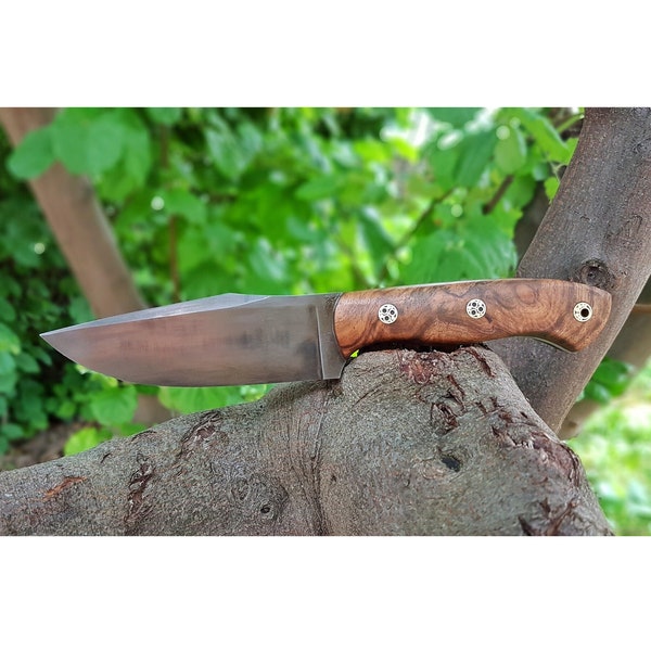 Hunting Knife 1075 Carbon Steel and Walnut Wood Handle - Blacksmith Made Camping Knife - Tactical Knife - Survival Knife with Sheath No:19