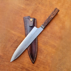 Chef Knife N690 Steel with Walnut Wood Handle - Blacksmith Made Chefs Knife - Kitchen Knife with Sheath CR15