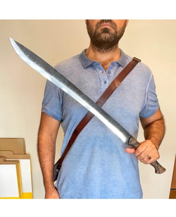 Long Outdoor Machete Knife – Truck Spring Steel Blade – Walnut Handle – Full Tang Field Bush Knife – Shoulder Carry Sheath – No:84