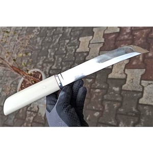 Tanto Knife 1075 Carbon Steel and Corian Handle - Blacksmith Made Tanto Blade Hunting Knife - Camping Knife with Leather Sheath No:46