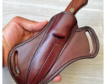 Faca de caça em aço damasco genuíno – Cabo em madeira de cocobolo – 150 camadas – Faca de sobrevivência e camping feita por ferreiro com bainha de couro – Nº 5