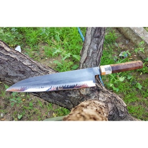 Chef Knife 1075 Carbon Steel with Chestnut Wood / Stag Horn  / Brass Handle - Blacksmith Made Chefs Knife - Kitchen Knife with Sheath No:32