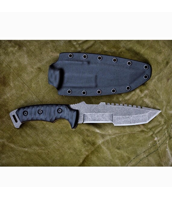 Tactical Knife Sleipner Steel – Black Compact Handle – Stonewashed Blade – Full Tang Tracker Knife –  Kydex Sheath – CR2