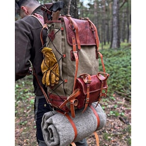 Handgemachter Gewachster Canvas Rucksack - 60 L - Leder Camping Rucksack, Bushcraft Rucksack, Jagdrucksack, Reise, Angeln, Sporttasche CR17