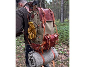 Waxed Canvas Backpack 60L – Heavy-Duty Hiking & Bushcraft Rucksack – Leather Straps / Large Storage – Sports, Travel, Outdoor Bag – CR17