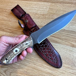 Hunting Knife 1075 Carbon Steel and Stag Horn Handle - Blacksmith Made Camping Knife - Tactical Knife - Survival Knife with Sheath 91