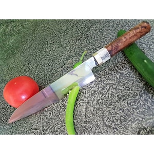 Chef Knife 1075 Carbon Steel with Chestnut Wood / Stag Horn / Brass Handle - Blacksmith Made Chefs Knife - Kitchen Knife with Sheath No:31