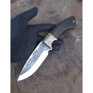 Hunting Knife 1075 Carbon Steel and Ebony Wood Handle - Blacksmith Made Camping Knife - Bushcraft Knife - Survival Knife with Sheath No:90