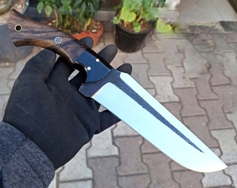 Hunting Knife 5160 Carbon Steel and Walnut Wood Handle - Blacksmith Made Machete Knife - Camping Knife - Survival Knife with Sheath No:73