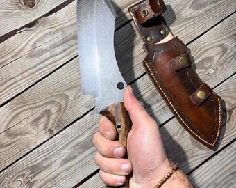Cleaver Knife Sleipner Steel – Walnut Wood Handle – Stonewashed Finish – Full Tang Chopper Blade –  Leather Sheath – CR3