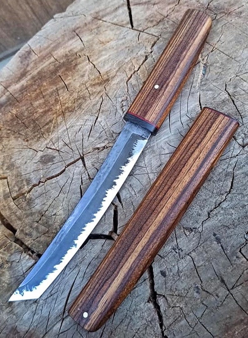 Tanto Knife 1075 Carbon Steel y Zebrano Wood Handle & Scabbard Etsy