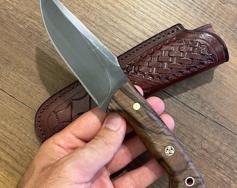 HUNTING KNIFE 80CrV2 Steel – Walnut Wood Handle – Blacksmith Made Outdoor & Camping Knife with Leather Sheath – No:20