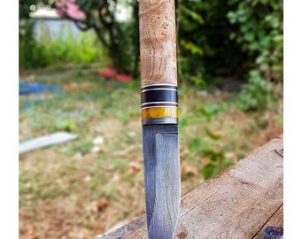 REAL DAMASCUS Puukko Knife – Alder Wood, Ebony & Catalin Handle – Blacksmith Made Bushcraft / Carving Knife – Leather Sheath – No:60