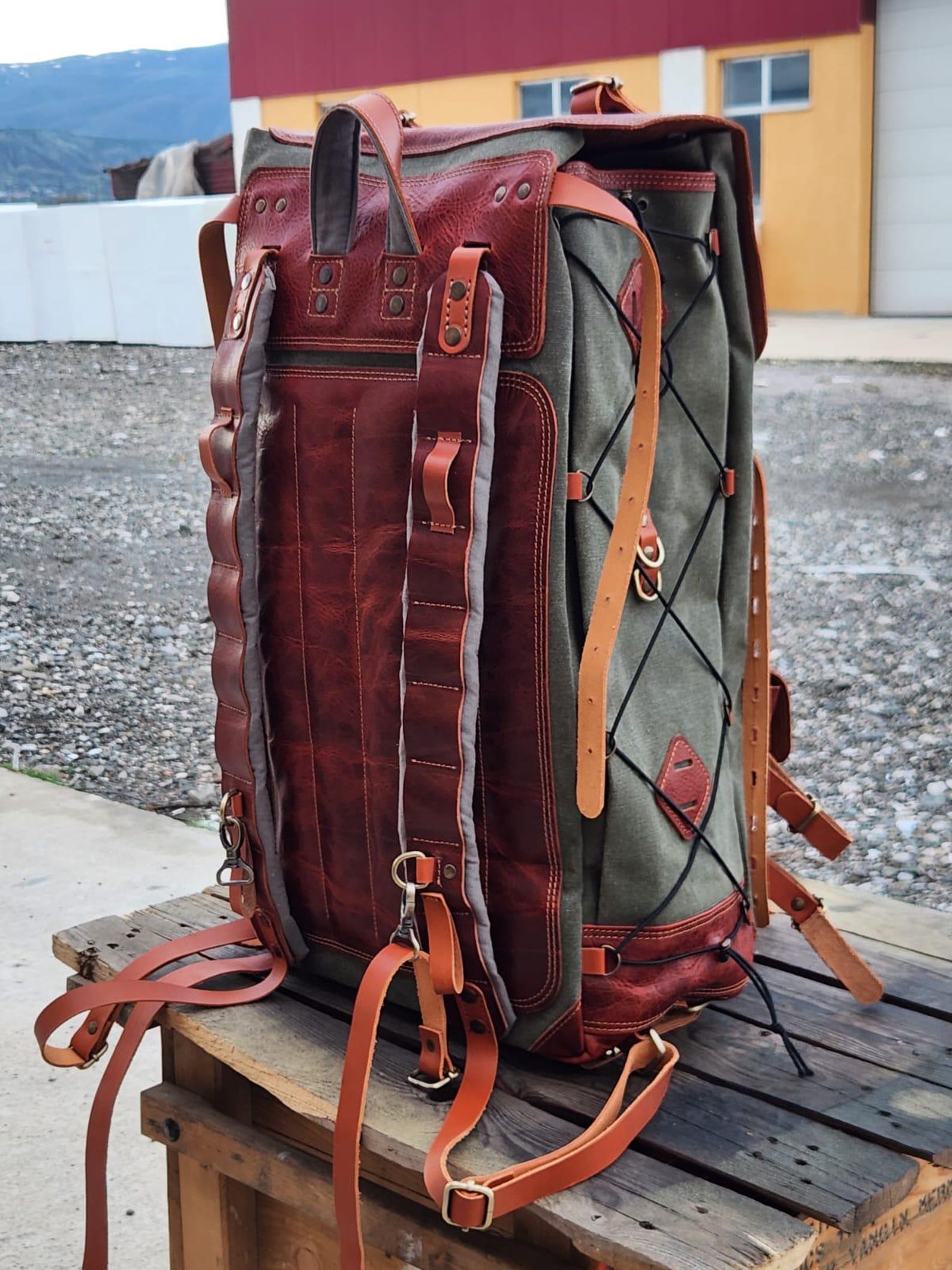 Rustic Backpacking Pack Waxed Canvas Backpack 60L – Leather-trimmed Camping & Trekking Backpack ...