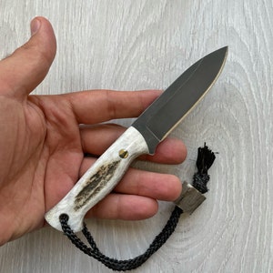 Mini Bushcraft Knife 1075 Carbon Steel Stag Horn Handle - Blacksmith Made Camping Knife - Hunting Knife - Survival Knife with Sheath No:22