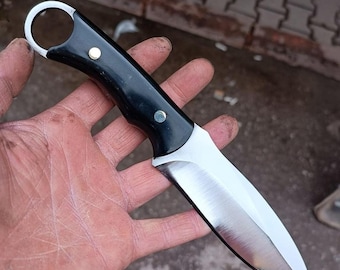 Hunting Knife 1075 Carbon Steel – Compact Handle – Blacksmith Made Camping & Survival Knife with Leather Sheath – No:82