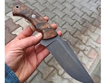 Hunting Knife 1075 Carbon Steel – Walnut Handle – Blacksmith Made Camping Knife with Leather Sheath – No:50