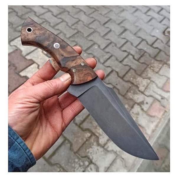 Hunting Knife 1075 Carbon Steel – Walnut Handle – Blacksmith Made Camping Knife with Leather Sheath – No:50