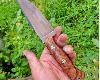 HUNTING KNIFE 1075 Carbon Steel – Walnut Wood Handle – Full Tang Outdoor & Camping Knife with Leather Sheath – No:19