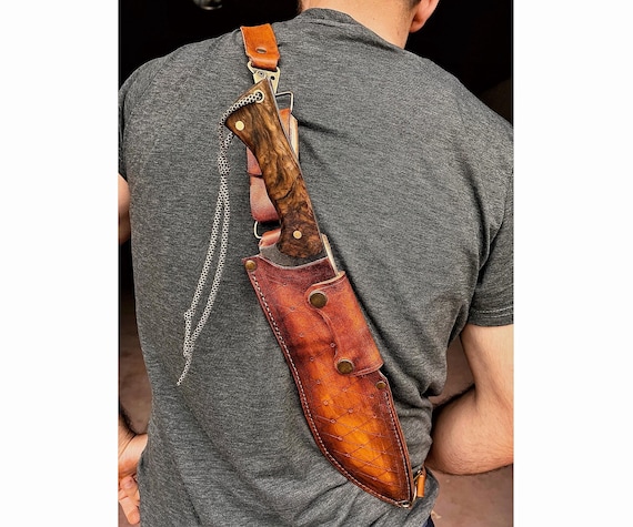 Machete Knife Sleipner Steel – Walnut Wood Handle – Stonewashed Heavy Chopper Blade – Shoulder Carry Leather Sheath – CR4