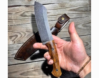 Cleaver Knife Sleipner Steel – Walnut Wood Handle – Full Tang Bush & Chopper Blade – Leather Sheath – CR7