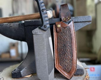 Cleaver Knife –  Stonewash Sleipner Steel – Black Compact Textured Handle – Full Tang Heavy Chopper Blade – Leather Sheath – CR10