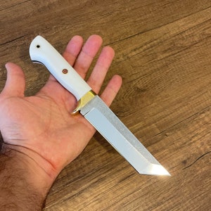 Tanto Knife N690 Steel & Corian Handle -Blacksmith Made Tanto Blade Hunting Knife - Camping Knife - Survival Knife with Leather Sheath No:44