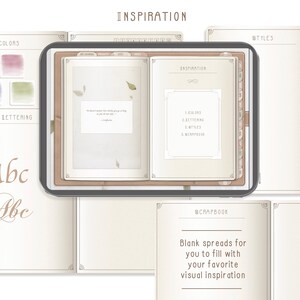 Puede incluir: Un &aacute;lbum digital con p&aacute;ginas en blanco para la inspiraci&oacute;n. El &aacute;lbum tiene secciones para colores, letras y estilos. El texto "Inspiration" est&aacute; escrito en la portada.