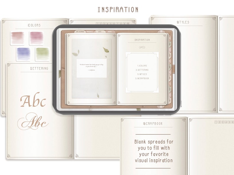 Puede incluir: Un &aacute;lbum digital con p&aacute;ginas en blanco para la inspiraci&oacute;n. El &aacute;lbum tiene secciones para colores, letras y estilos. El texto "Inspiration" est&aacute; escrito en la portada.