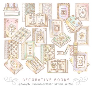 Puede incluir: Un conjunto de 22 ilustraciones de libros decorativos dibujados a mano en varios estilos y colores. Los libros están dibujados con tinta y acuarela y presentan detalles intrincados como patrones florales, diseños geométricos y marcos ornamentados.