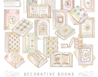 Clipart de libro decorativo, libros, biblioteca, vintage, gráficos, png, acuarela, dibujado a mano, artesanía, lectura, imprimible, imagen, arte, diseño