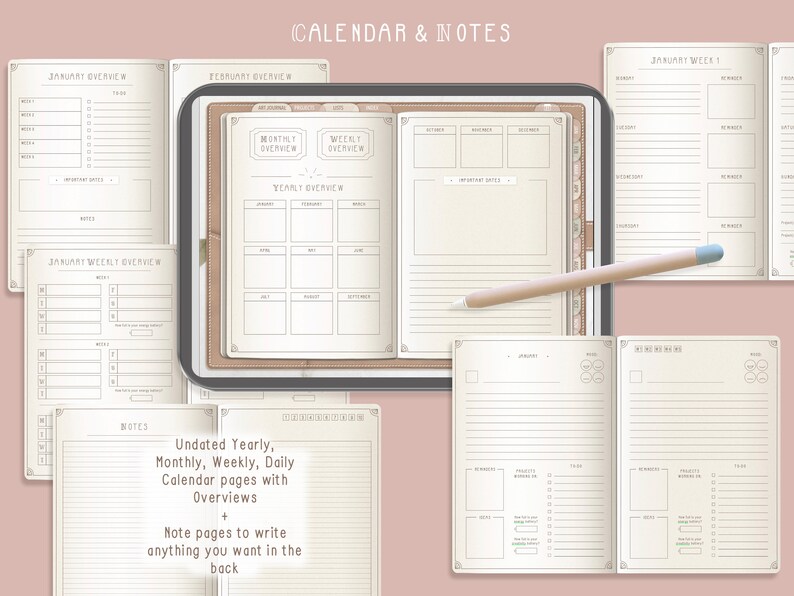 Puede incluir: Un planificador imprimible con p&aacute;ginas de calendario anual, mensual, semanal y diario sin fecha con res&uacute;menes. Tambi&eacute;n incluye p&aacute;ginas de notas para escribir todo lo que quieras en la parte posterior.