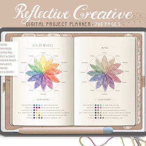 May include: A digital planner featuring a colour wheel and colour schemes. The planner has a brown leather cover and is open to a page with a colour wheel and colour schemes. The colour wheel is divided into 12 sections, each with a different colour. The colour schemes are listed below the colour wheel. The planner is titled "Reflective Creative Digital Project Planner 798 Pages".