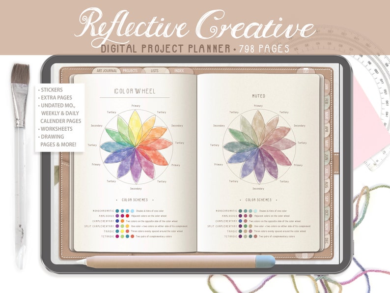 Puede incluir: Un planificador digital con una rueda de colores y esquemas de colores. El planificador tiene una cubierta de cuero marr&oacute;n y est&aacute; abierto a una p&aacute;gina con una rueda de colores y esquemas de colores. La rueda de colores est&aacute; dividida en 12 secciones, cada una con un color diferente. Los esquemas de colores se enumeran debajo de la rueda de colores. El planificador se titula "Reflective Creative Digital Project Planner 798 Pages".