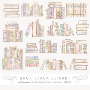 Book Stack Clipart, library, books, vintage, rows, graphics, png, watercolor, hand drawn, craft, reading, printable, images, art, design