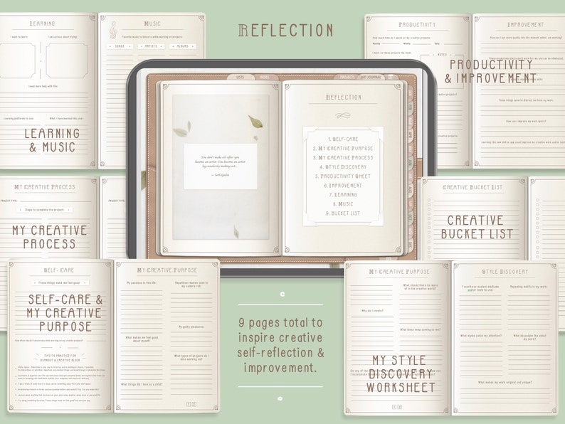 Puede incluir: Un planificador digital con una cubierta de cuero marr&oacute;n y un interior de color crema. El planificador est&aacute; abierto en una p&aacute;gina titulada "Reflexi&oacute;n" e incluye secciones para el autocuidado, el prop&oacute;sito creativo, el proceso creativo, el descubrimiento de estilo, la productividad y la mejora. El planificador est&aacute; dise&ntilde;ado para inspirar la autorreflexi&oacute;n creativa y la mejora.