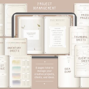 Puede incluir: Un conjunto de p&aacute;ginas de gesti&oacute;n de proyectos imprimibles con un fondo beige y acentos marrones. Las p&aacute;ginas incluyen secciones para el alcance del proyecto, las hojas de inventario, el cronograma del proyecto, los proyectos de pasi&oacute;n, las hojas de miniaturas, las hojas de informaci&oacute;n del cliente y un volcado de ideas.