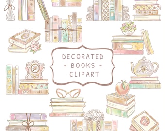 Libro decorado Stack Clipart, biblioteca, libros, vintage, filas, gráficos, png, acuarela, dibujado a mano, artesanía, lectura, imprimible, imágenes, diseño