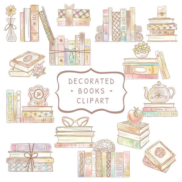 Decorated book Stack Clipart, library, books, vintage, rows, graphics, png, watercolor, hand drawn, craft, reading, printable, images,design