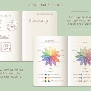 Puede incluir: Un planificador abierto con dos ruedas de colores, una en tonos apagados y otra en colores brillantes. Las p&aacute;ginas incluyen esquemas de colores explicados con texto y muestras de colores. El planificador tambi&eacute;n incluye p&aacute;ginas en blanco para pegatinas.