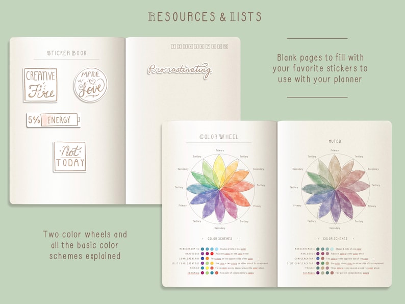 Puede incluir: Un planificador abierto con dos ruedas de colores, una en tonos apagados y otra en colores brillantes. Las p&aacute;ginas incluyen esquemas de colores explicados con texto y muestras de colores. El planificador tambi&eacute;n incluye p&aacute;ginas en blanco para pegatinas.