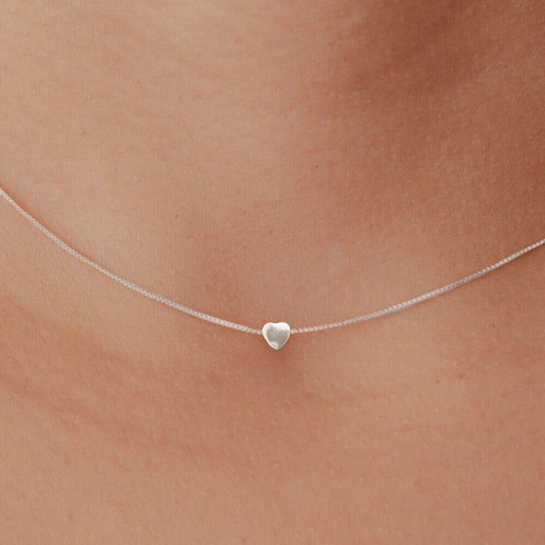 Tiny Heart Sterling Silver Necklace, Choker Necklace, Minimalist Dainty Silver Jewelry, Heart Bead Charm Necklace Mother's Day Gift For Her