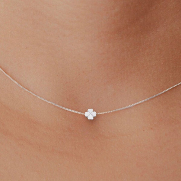 Tiny Four Leaf Clover Necklace 925 Sterling Silver, 4 Leaf Clover Necklace, Dainty Clover Jewelry Christmas Gift Women, Irish Clover Choker